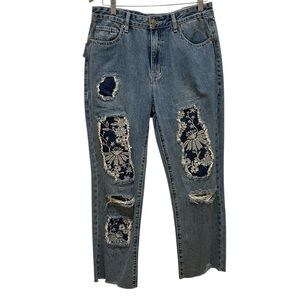 New ROCK & ROLL Denim High Rise Straight Cropped Patch Distressed Jeans Sz 30